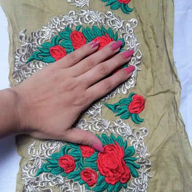 Black / Olive Green Silk Fabric Trim With Red, Green And Gold Floral Rose Embroidery, Indian Laces